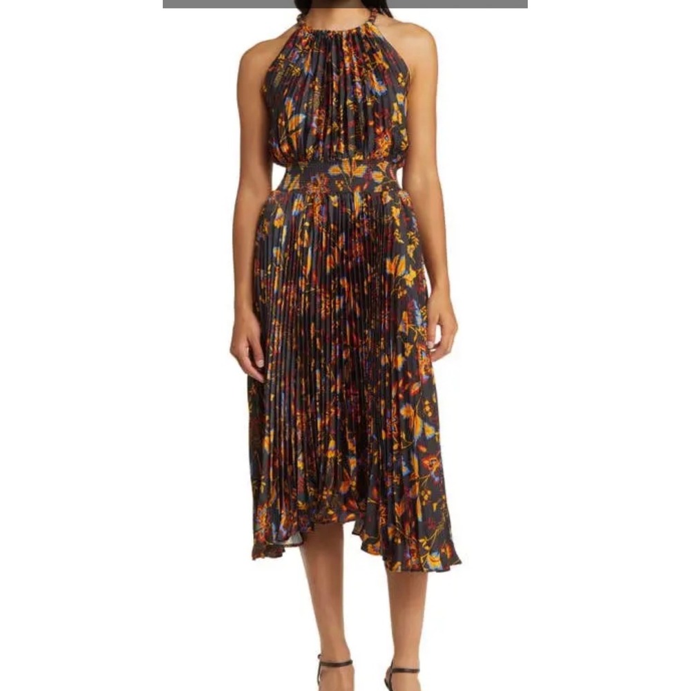 Floral Smocked Pleated Satin Midi Dress Orange boho whimsigoth flowy dainty mult